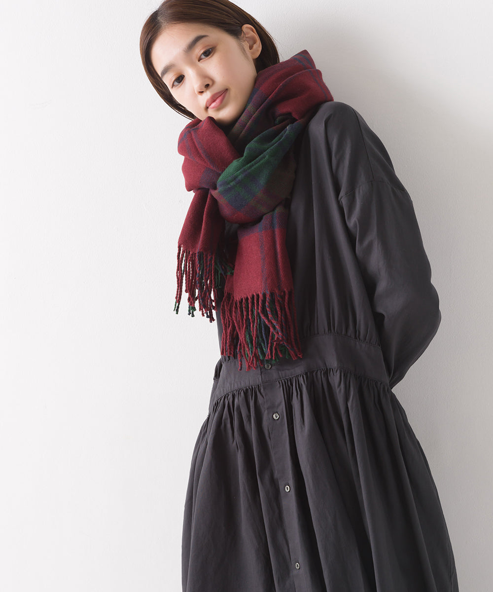 【OMNES】ウール混大判チェック フリンジストール【1519-0010】