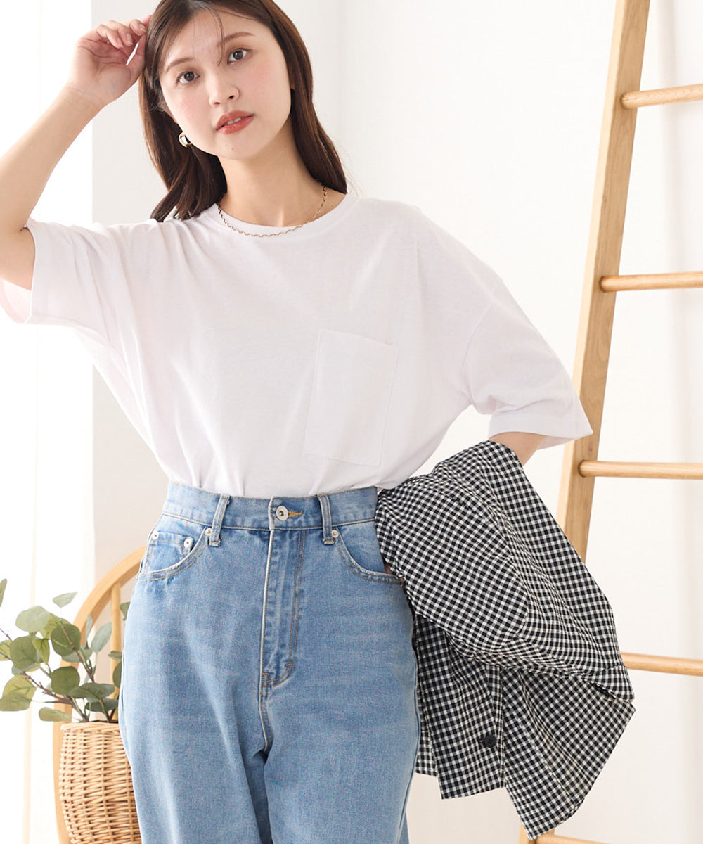 【OMNES】綿麻カット ポケット付きラウンドヘム半袖Tシャツ【1520-5014】