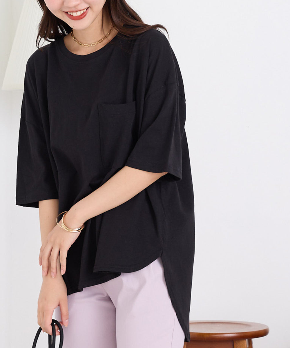 【OMNES】綿麻カット ポケット付きラウンドヘム半袖Tシャツ【1520-5014】