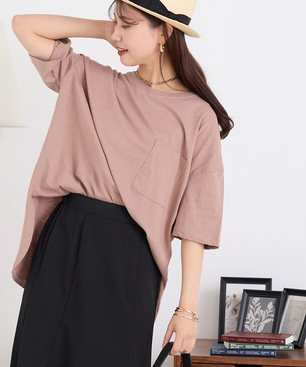 【OMNES】綿麻カット ポケット付きラウンドヘム半袖Tシャツ【1520-5014】
