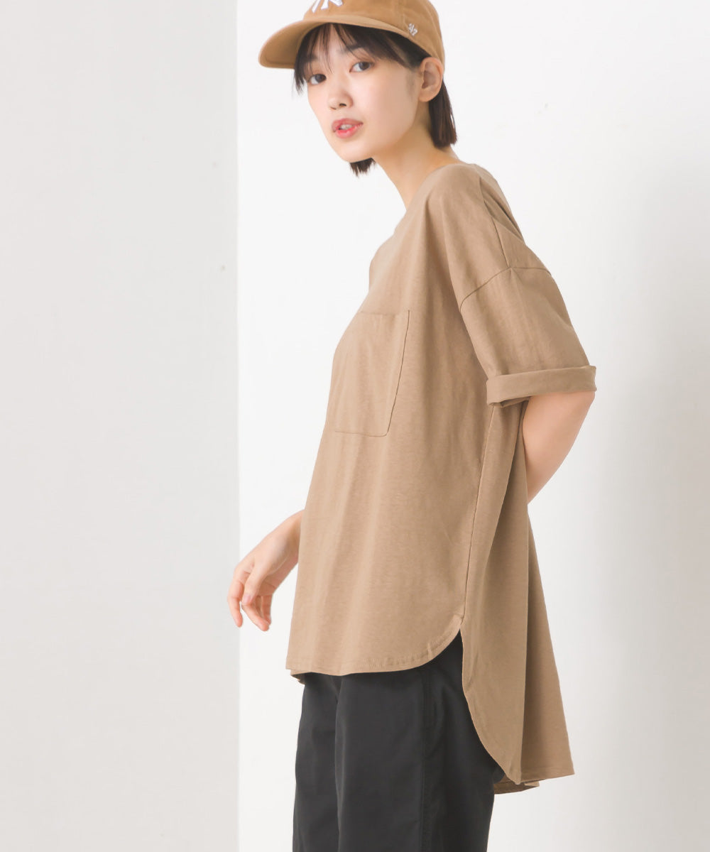 【OMNES】綿麻カット ポケット付きラウンドヘム半袖Tシャツ【1520-5014】