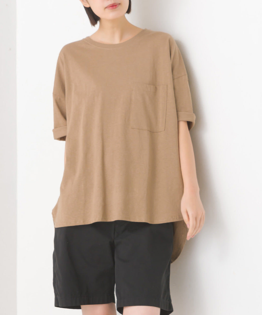 【OMNES】綿麻カット ポケット付きラウンドヘム半袖Tシャツ【1520-5014】