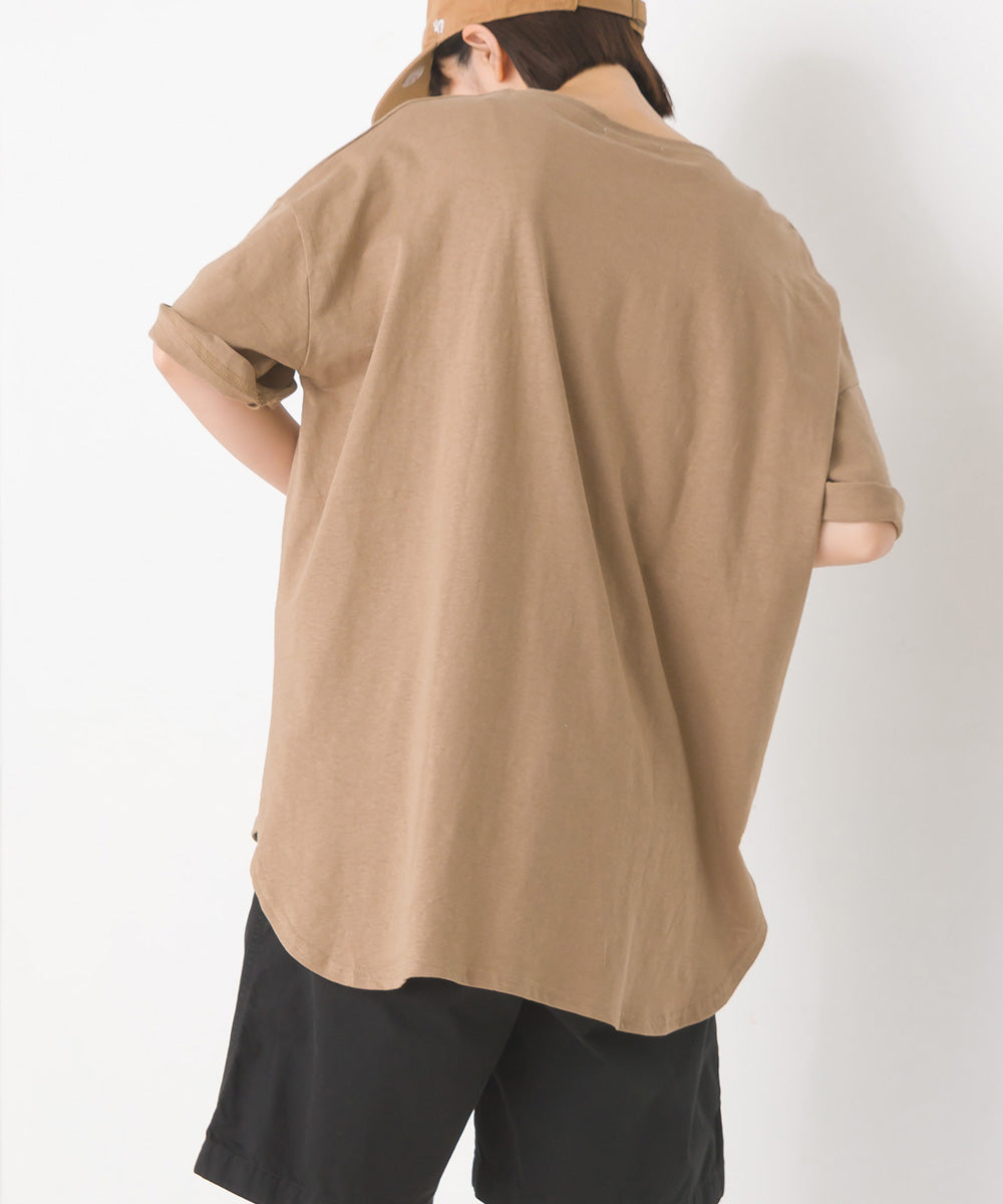 【OMNES】綿麻カット ポケット付きラウンドヘム半袖Tシャツ【1520-5014】