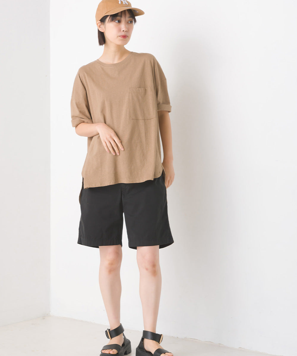 【OMNES】綿麻カット ポケット付きラウンドヘム半袖Tシャツ【1520-5014】