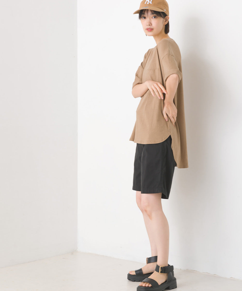 【OMNES】綿麻カット ポケット付きラウンドヘム半袖Tシャツ【1520-5014】