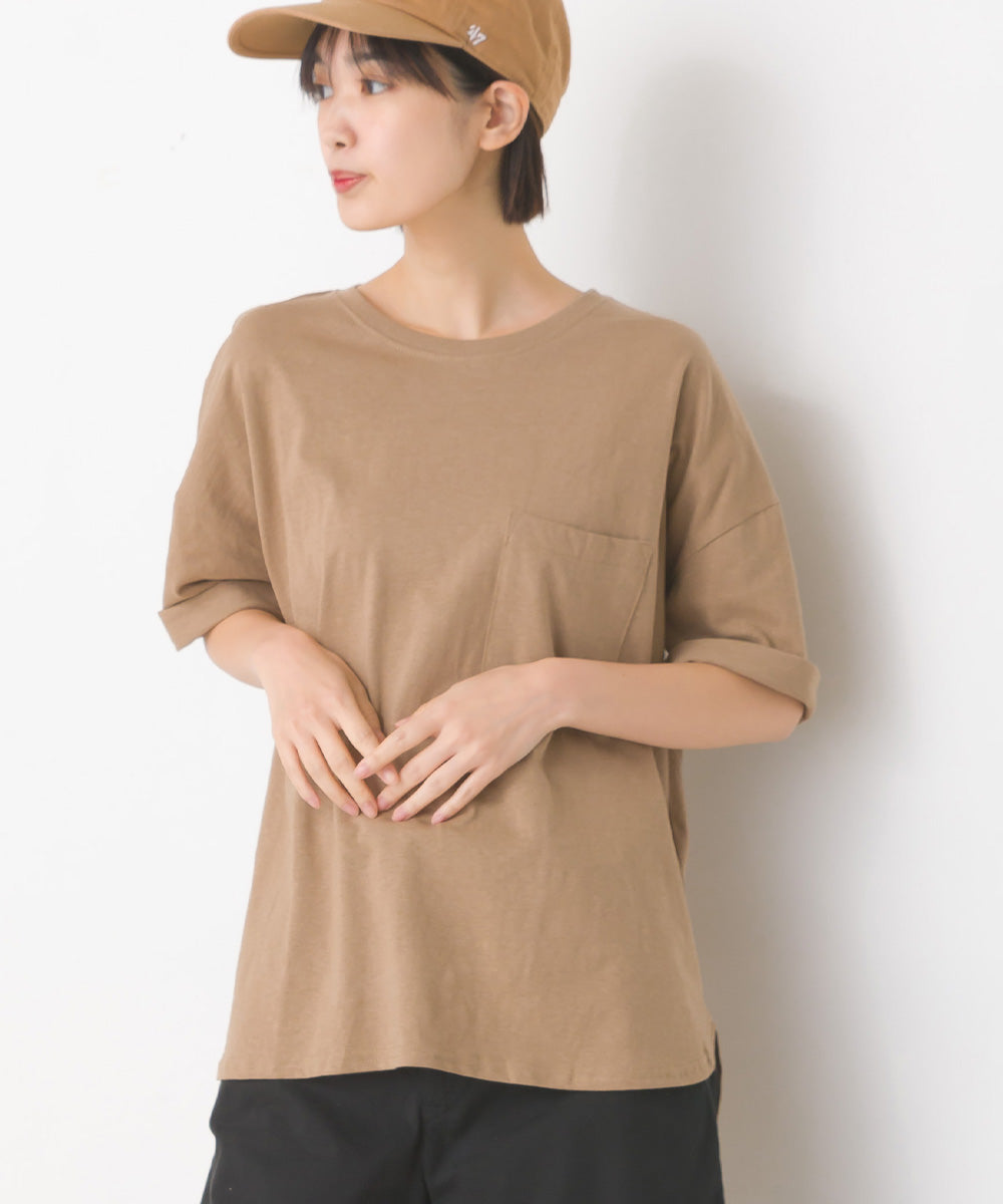 【OMNES】綿麻カット ポケット付きラウンドヘム半袖Tシャツ【1520-5014】