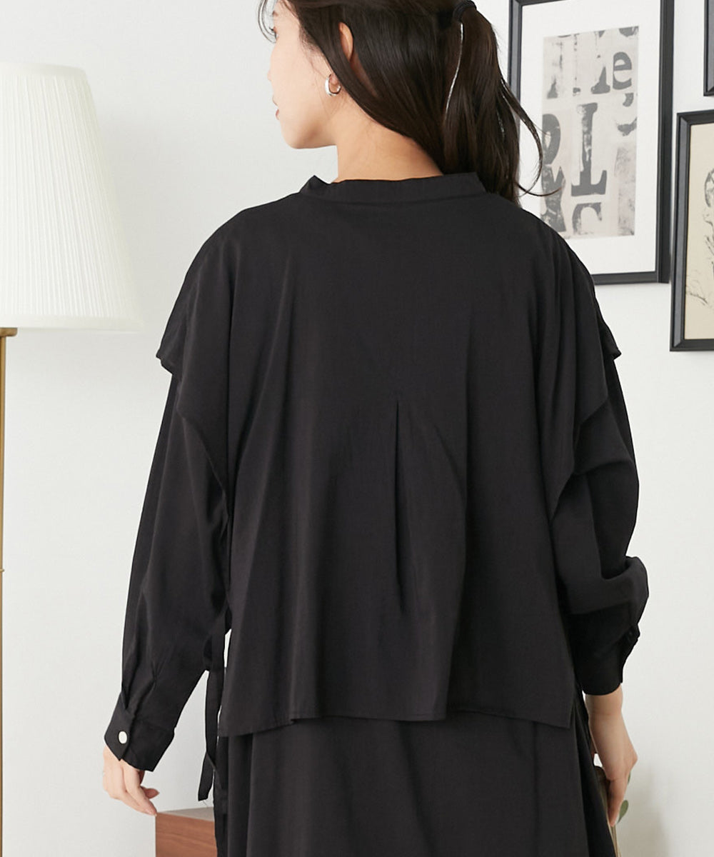 【OMNES】綿レーヨンバンドカラーケープシャツチュニック【1521-4093】