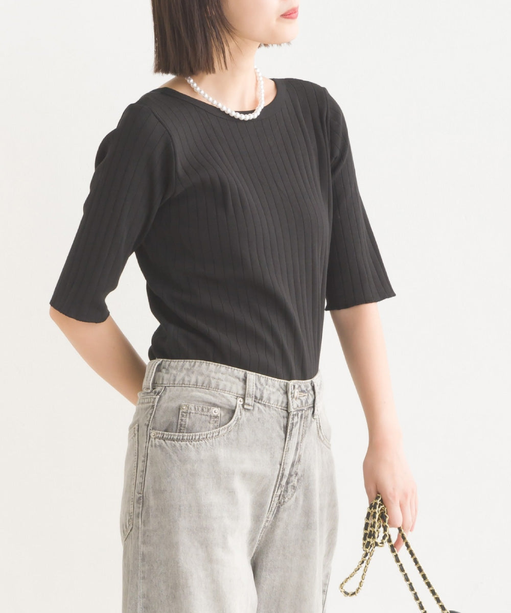 【OMNES】針抜リブ5分袖Tシャツ【1521-5126】