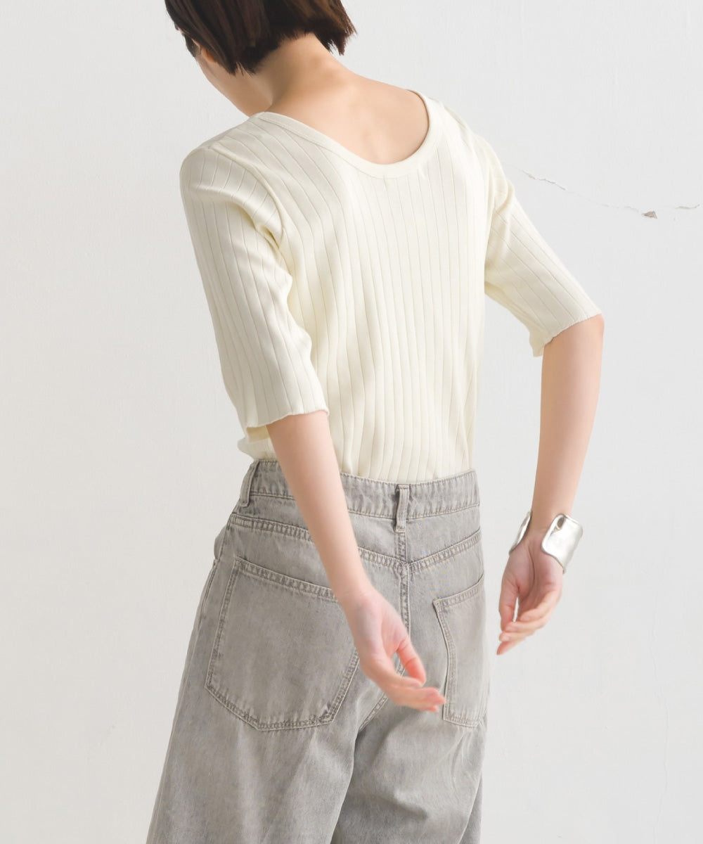 【OMNES】針抜リブ5分袖Tシャツ【1521-5126】