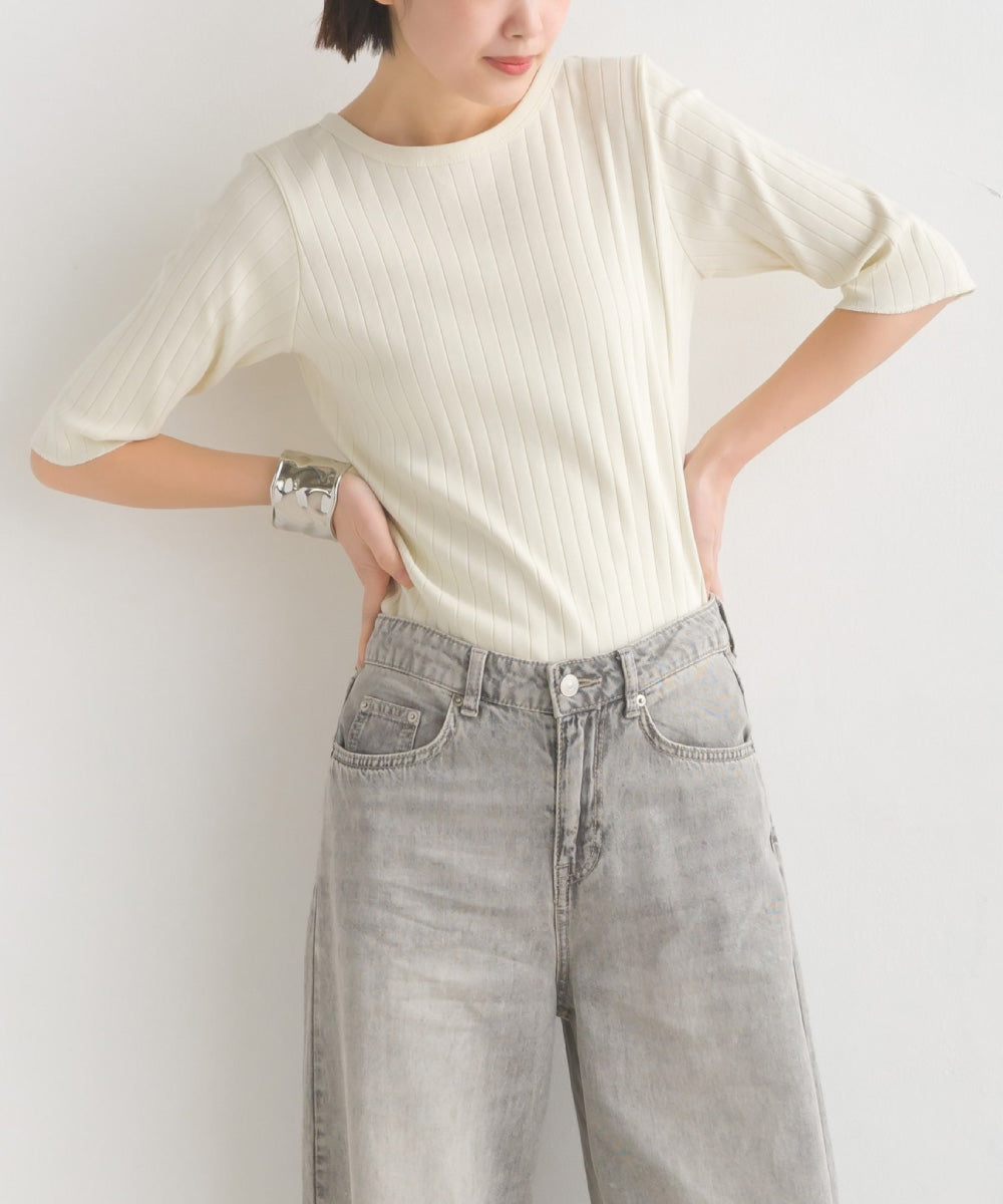 【OMNES】針抜リブ5分袖Tシャツ【1521-5126】
