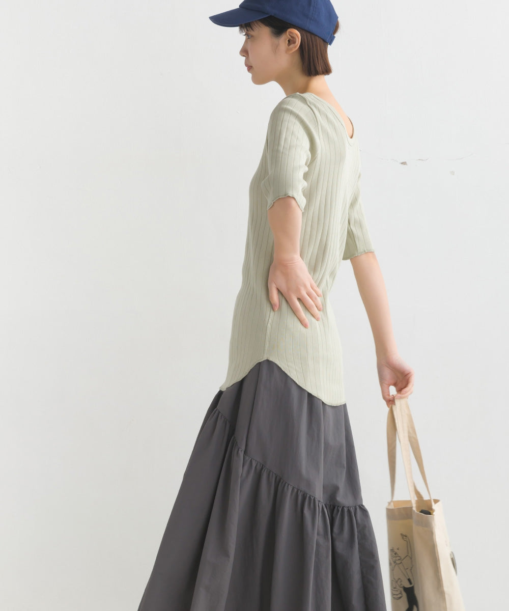【OMNES】針抜リブ5分袖Tシャツ【1521-5126】