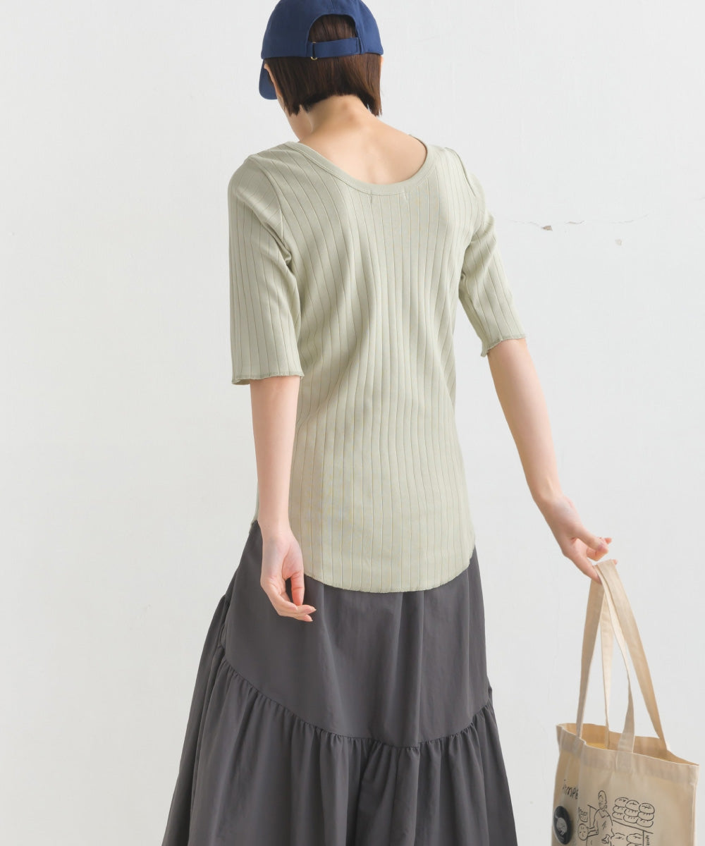 【OMNES】針抜リブ5分袖Tシャツ【1521-5126】