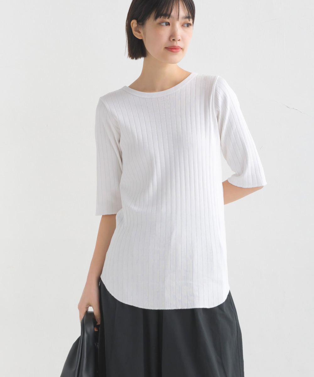 【OMNES】針抜リブ5分袖Tシャツ【1521-5126】