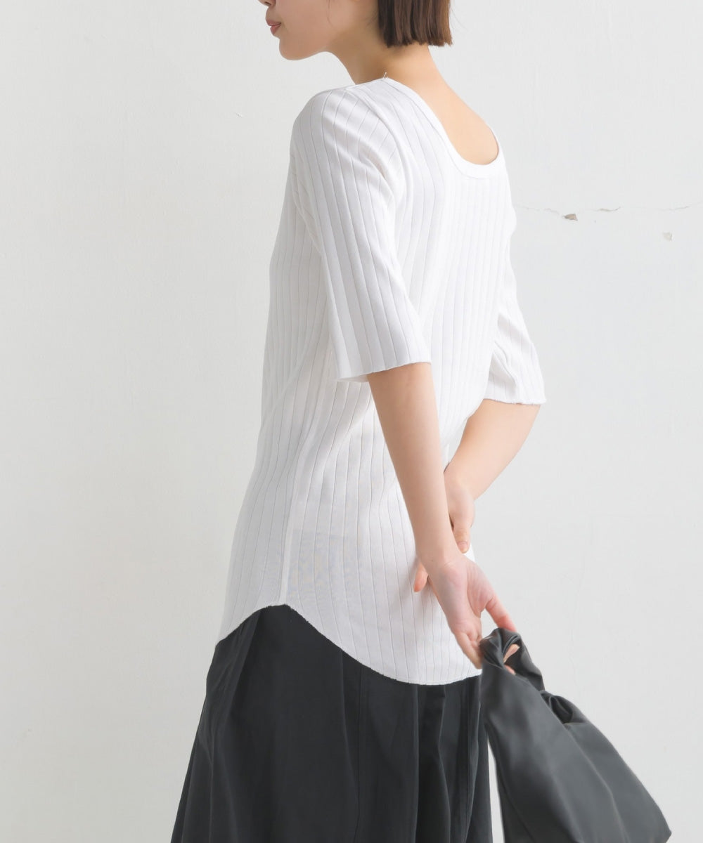 【OMNES】針抜リブ5分袖Tシャツ【1521-5126】