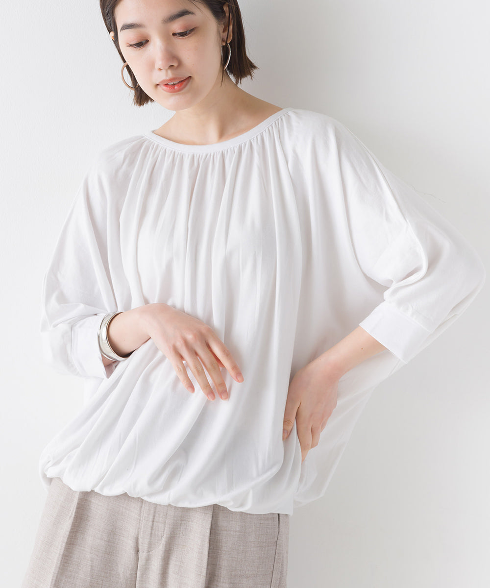 【OMNES】TRPU ネックギャザー6分袖トップス【1521-5128】