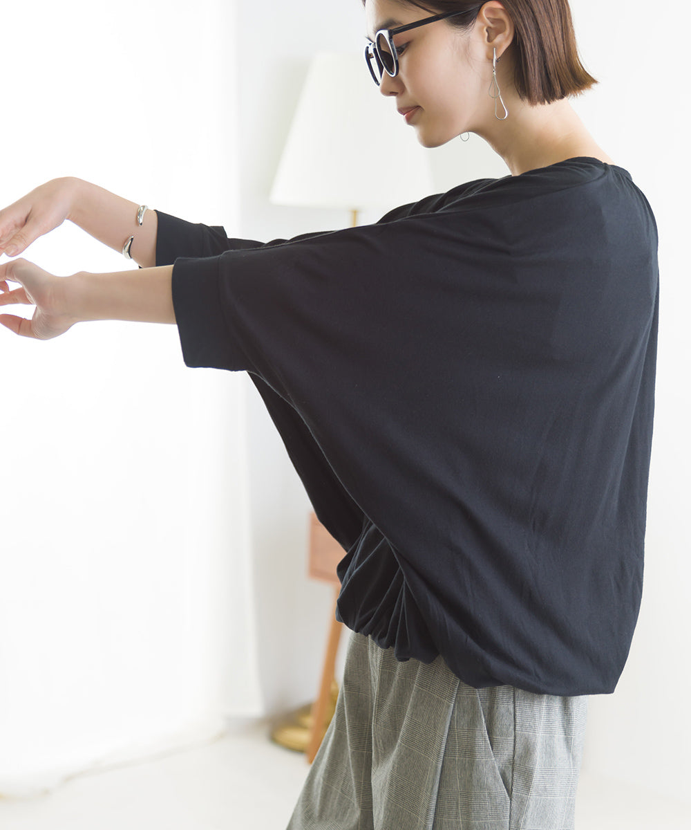 【OMNES】TRPU ネックギャザー6分袖トップス【1521-5128】