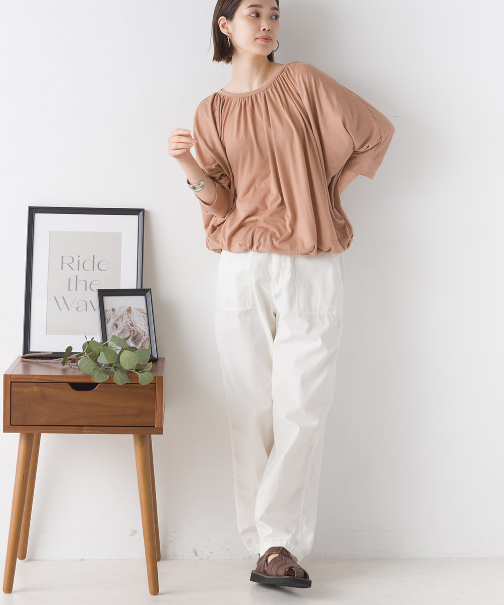 【OMNES】TRPU ネックギャザー6分袖トップス【1521-5128】