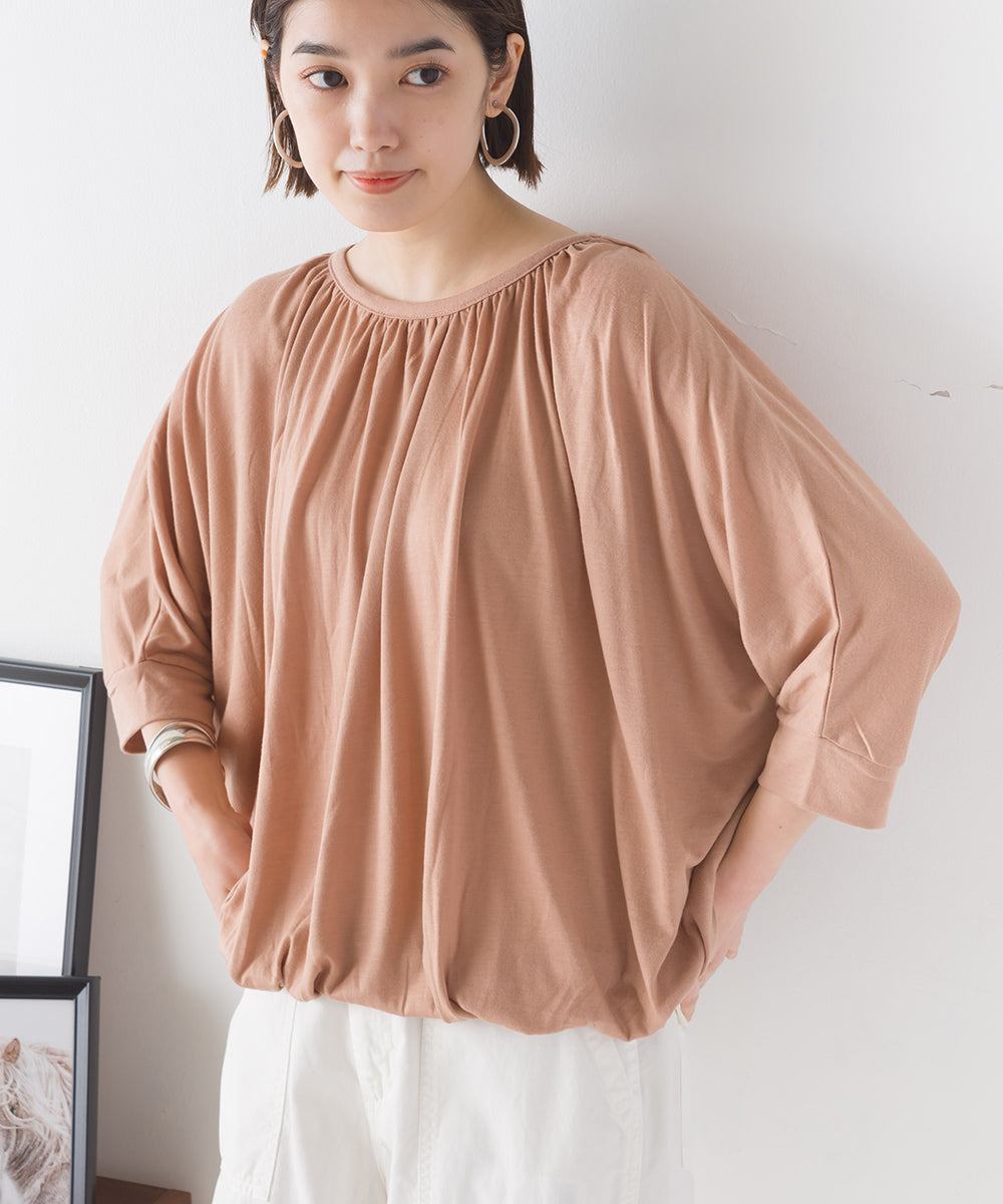 【OMNES】TRPU ネックギャザー6分袖トップス【1521-5128】