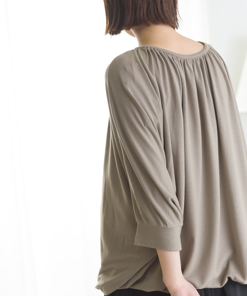 【OMNES】TRPU ネックギャザー6分袖トップス【1521-5128】