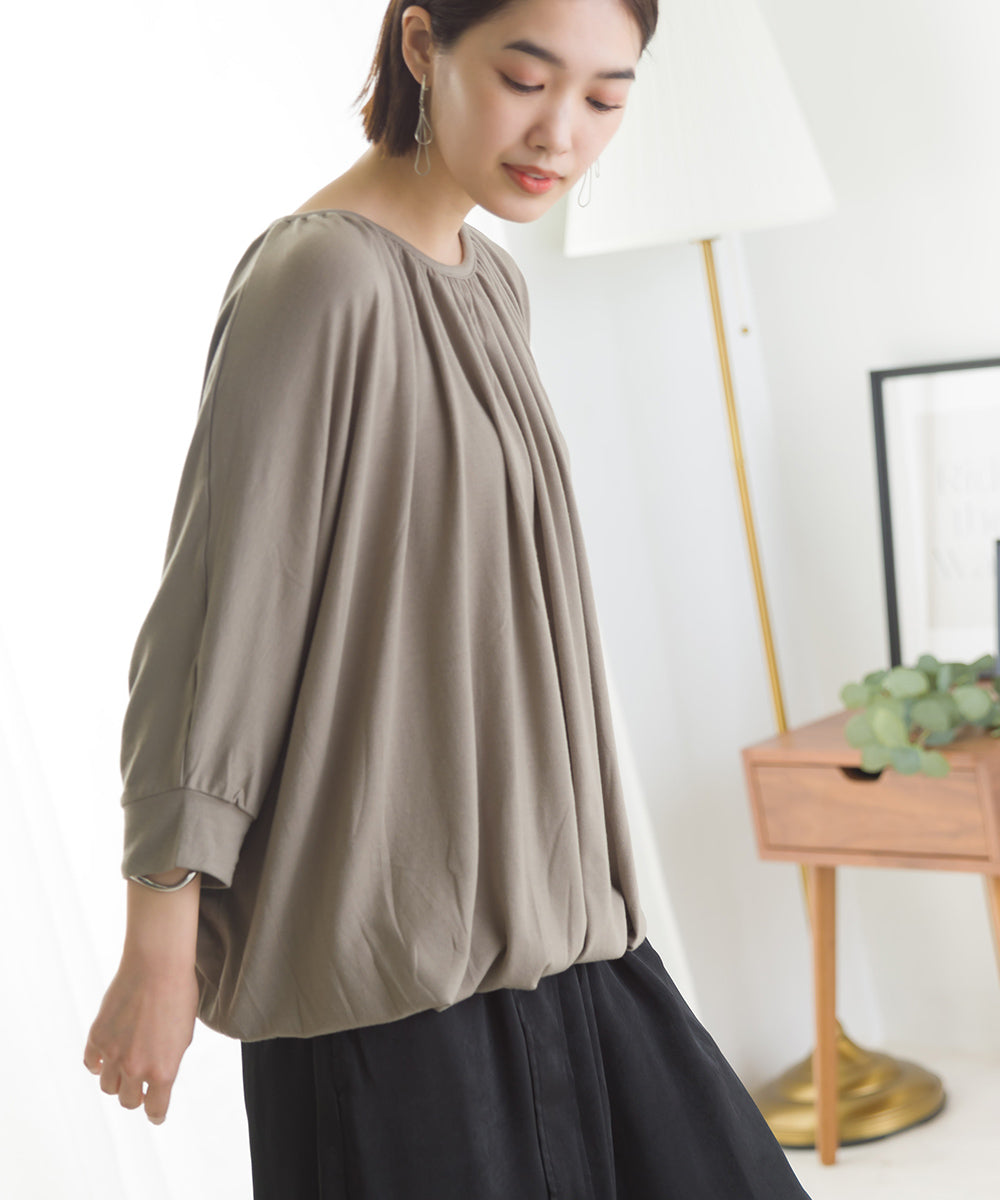 【OMNES】TRPU ネックギャザー6分袖トップス【1521-5128】