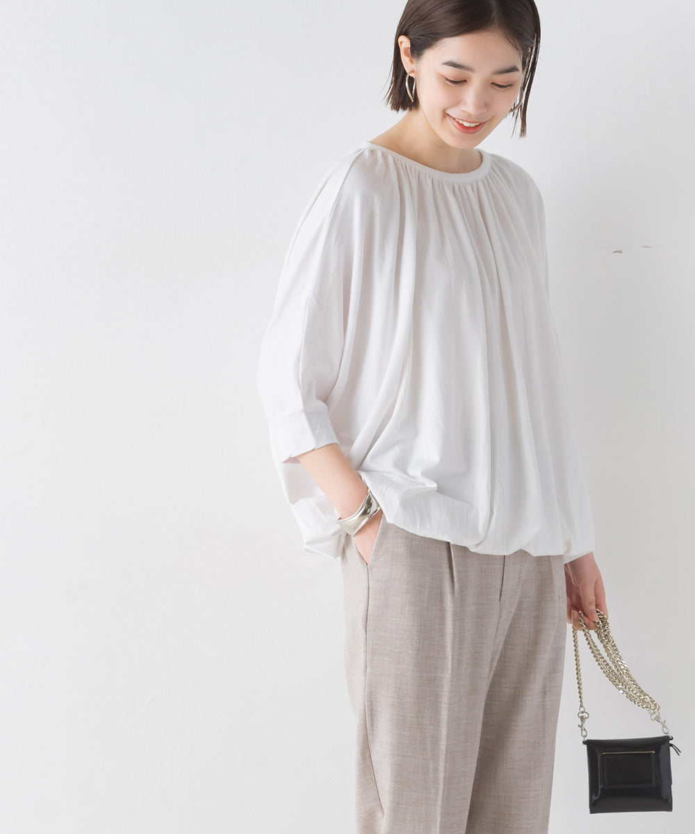【OMNES】TRPU ネックギャザー6分袖トップス【1521-5128】