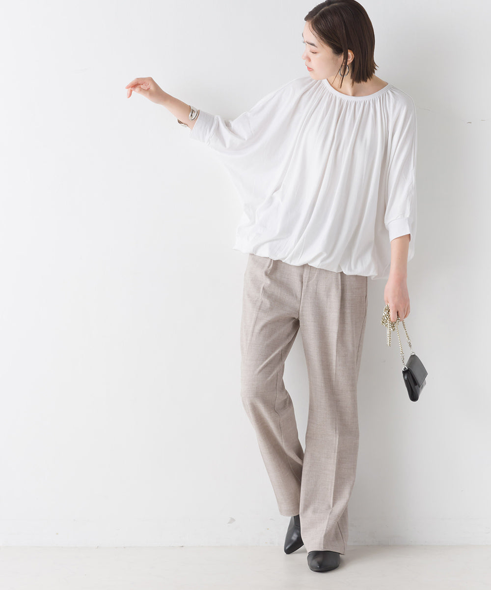 【OMNES】TRPU ネックギャザー6分袖トップス【1521-5128】
