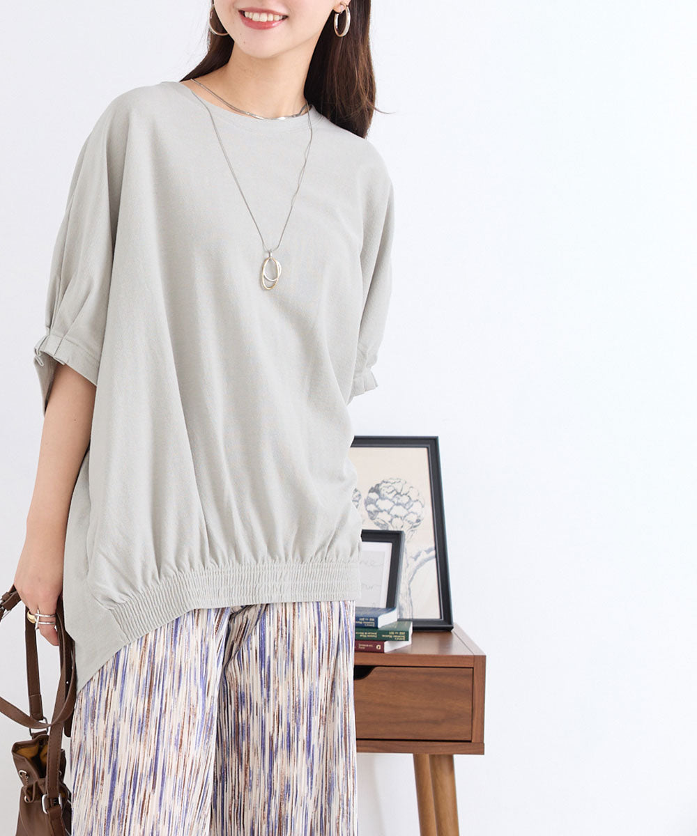 【OMNES】梨地裾ギャザー半袖Tシャツ【1521-5177】