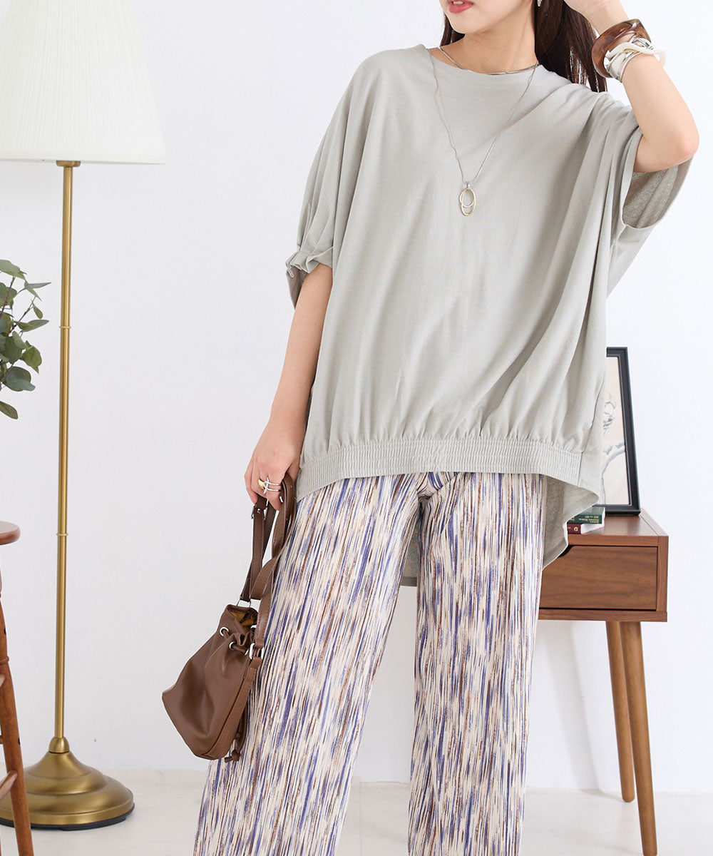 【OMNES】梨地裾ギャザー半袖Tシャツ【1521-5177】