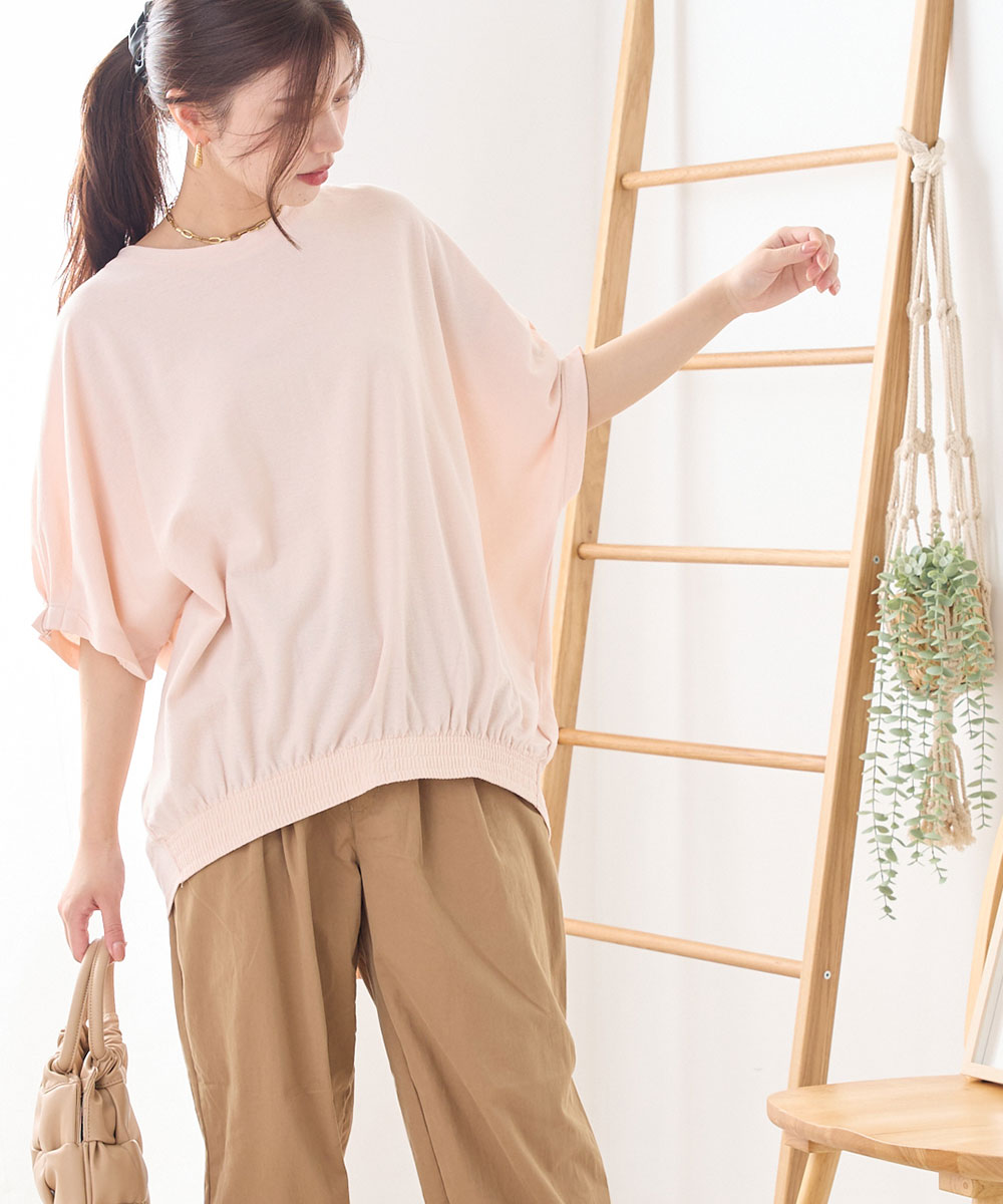 【OMNES】梨地裾ギャザー半袖Tシャツ【1521-5177】