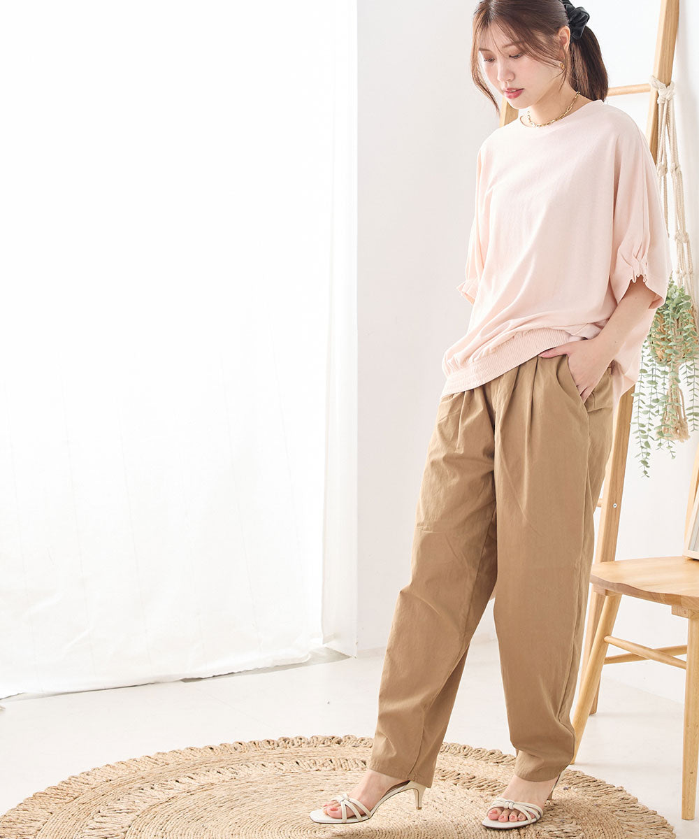 【OMNES】梨地裾ギャザー半袖Tシャツ【1521-5177】