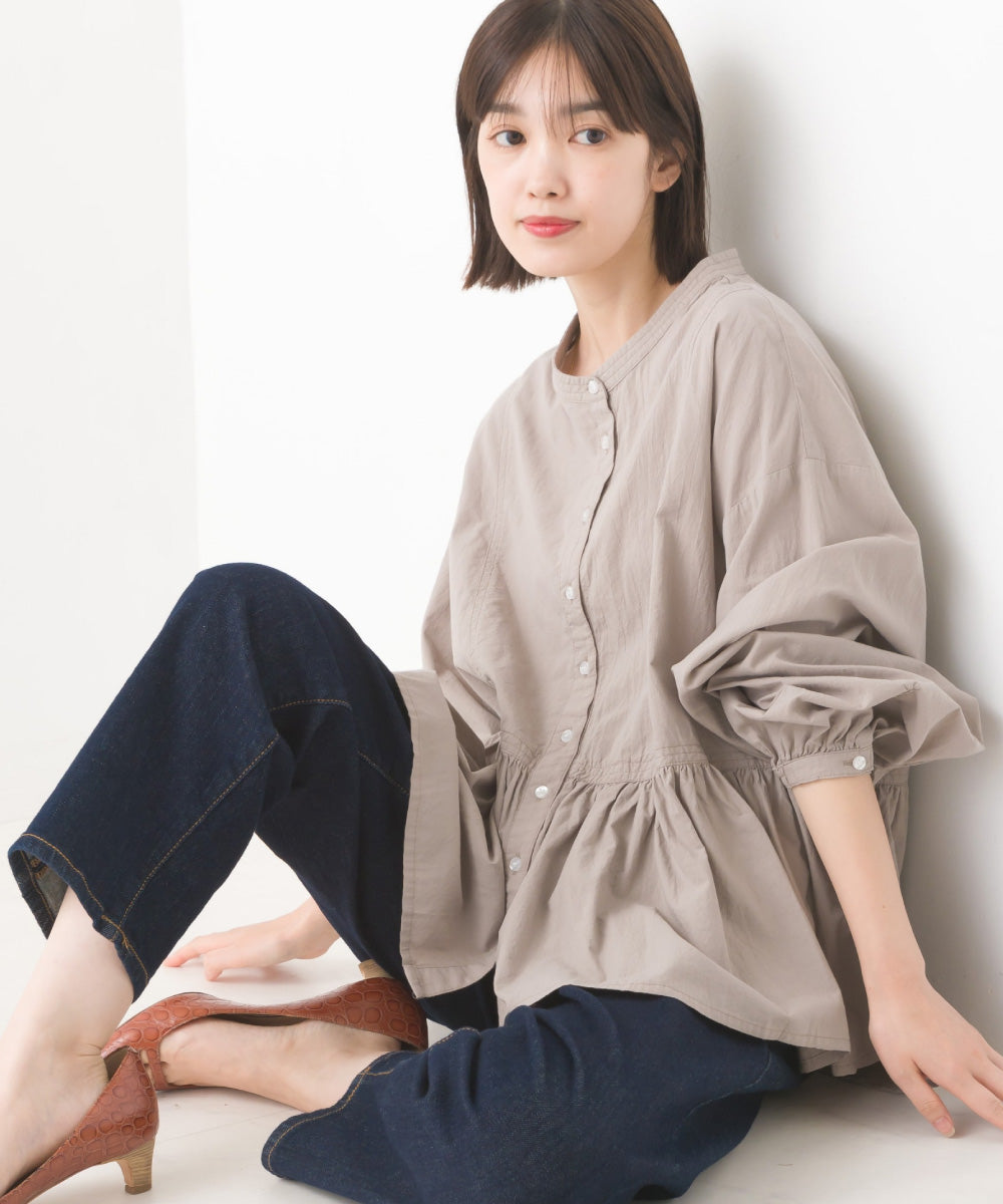 【OMNES】塩縮加工 タイプライター 裾ギャザーバンドカラーシャツ【1522-4111】