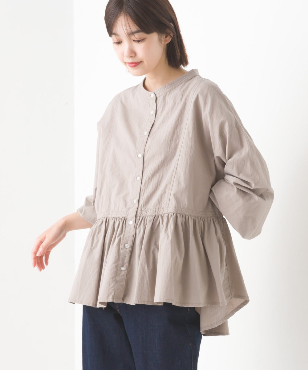 【OMNES】塩縮加工 タイプライター 裾ギャザーバンドカラーシャツ【1522-4111】