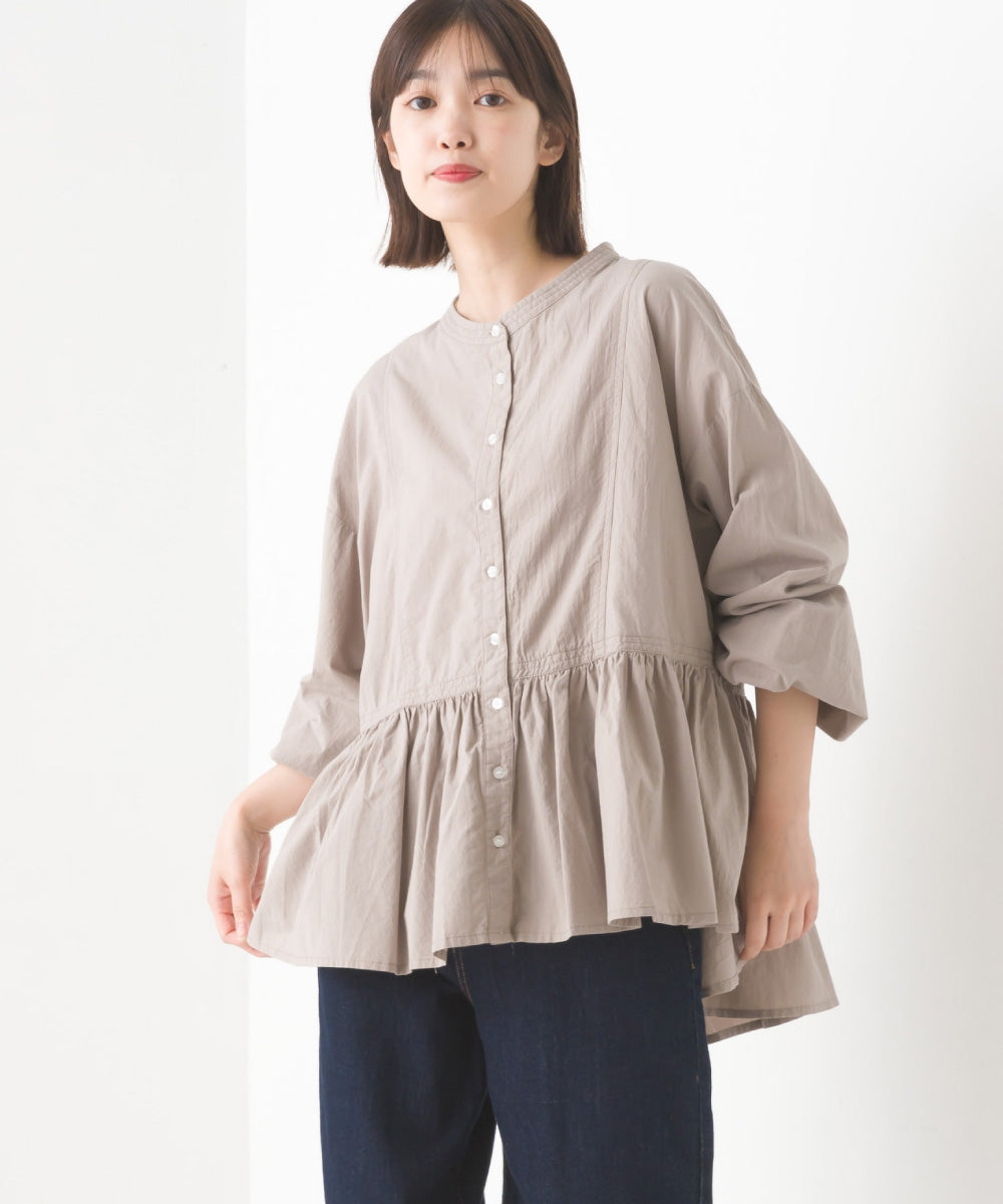 【OMNES】塩縮加工 タイプライター 裾ギャザーバンドカラーシャツ【1522-4111】