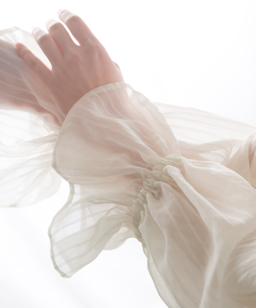 【OMNES】シアーストライプビッグカラー長袖ブラウス【1523-4144】