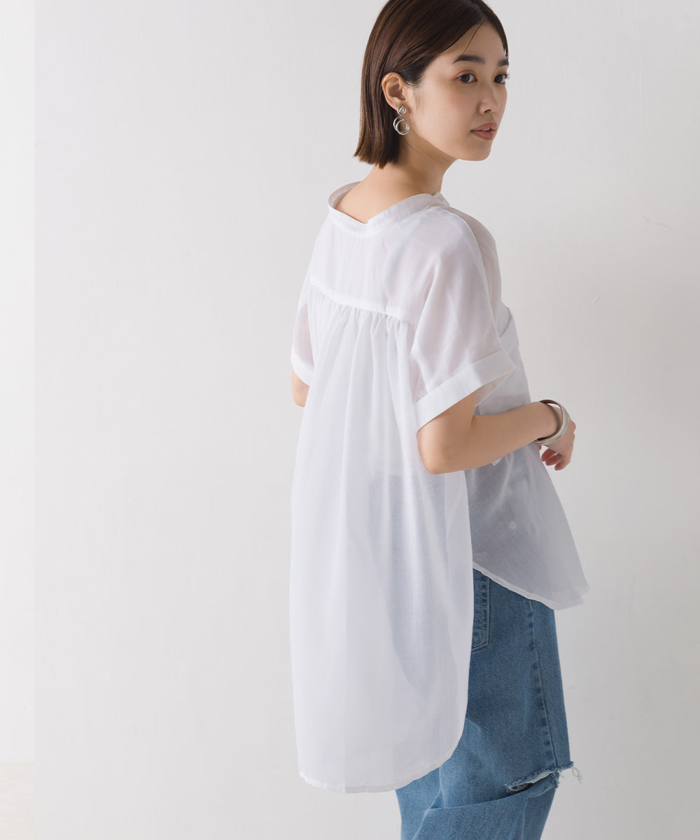 【OMNES】エステルボイルバンドカラーノースリーブシアーシャツ【1523-4156】