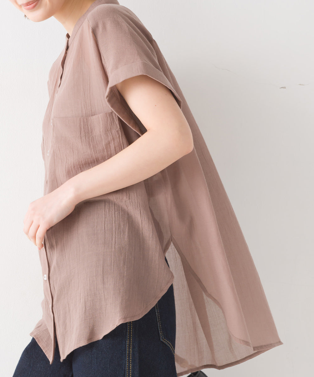 【OMNES】エステルボイルバンドカラーノースリーブシアーシャツ【1523-4156】