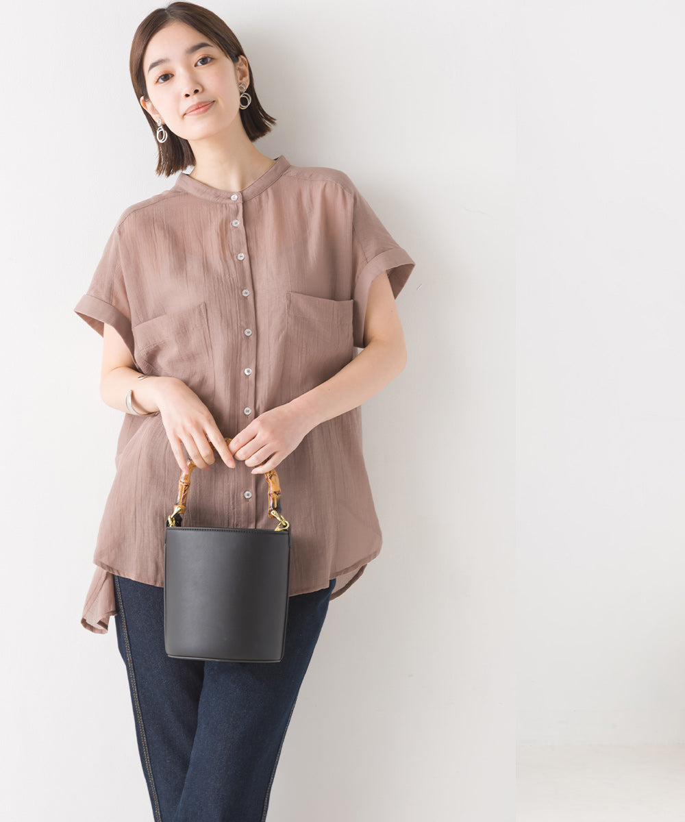 【OMNES】エステルボイルバンドカラーノースリーブシアーシャツ【1523-4156】