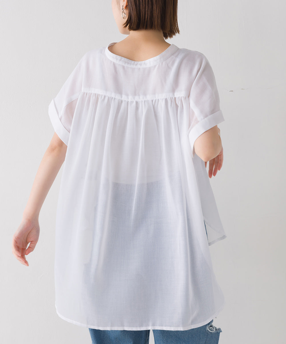 【OMNES】エステルボイルバンドカラーノースリーブシアーシャツ【1523-4156】