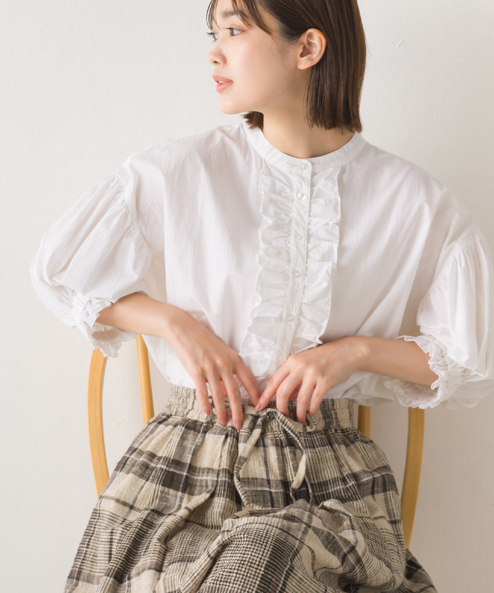 【OMNES】塩縮加工 タイプライター フロントフリルノーカラーシャツ【1523-4157】