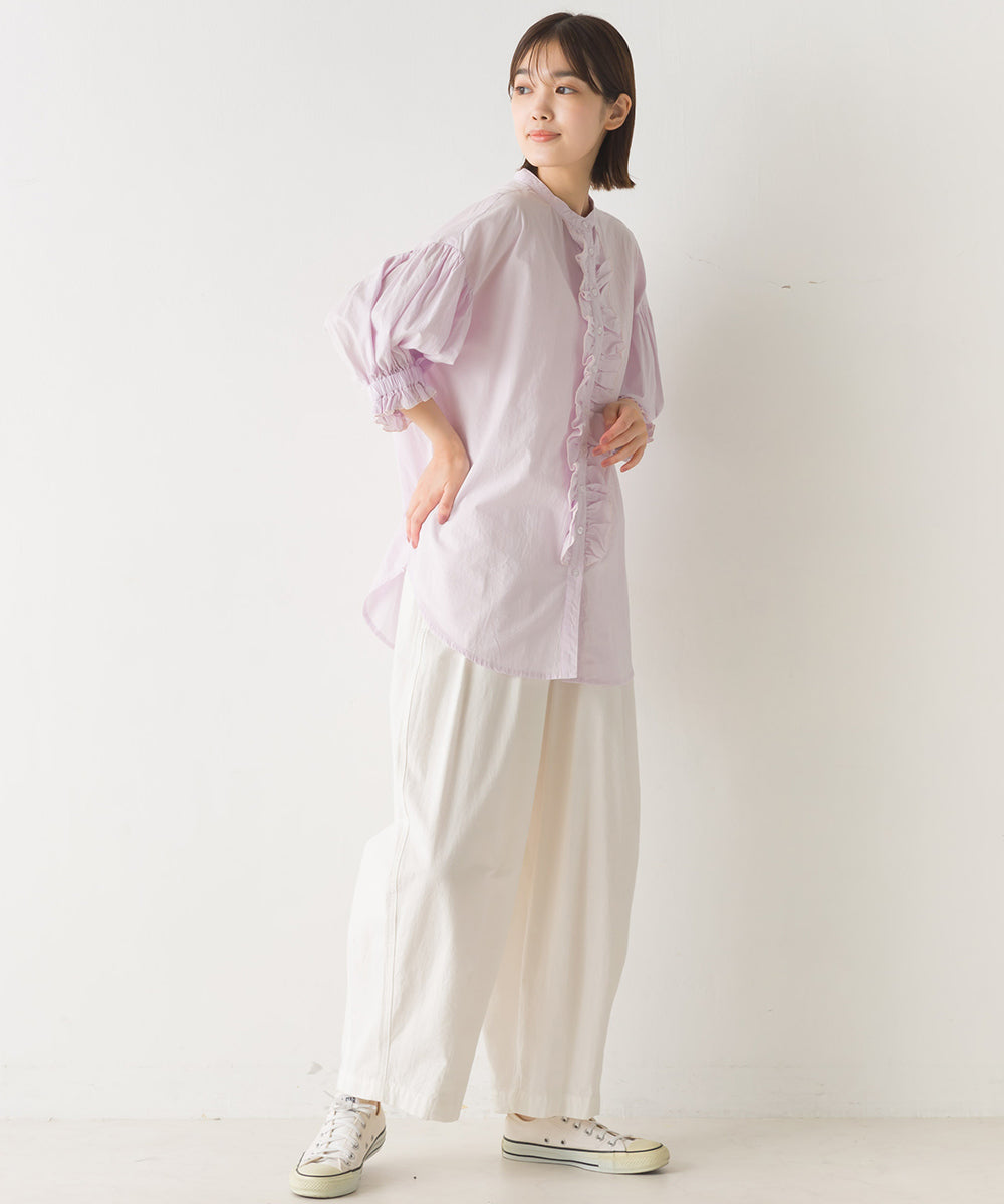 【OMNES】塩縮加工 タイプライター フロントフリルノーカラーシャツ【1523-4157】