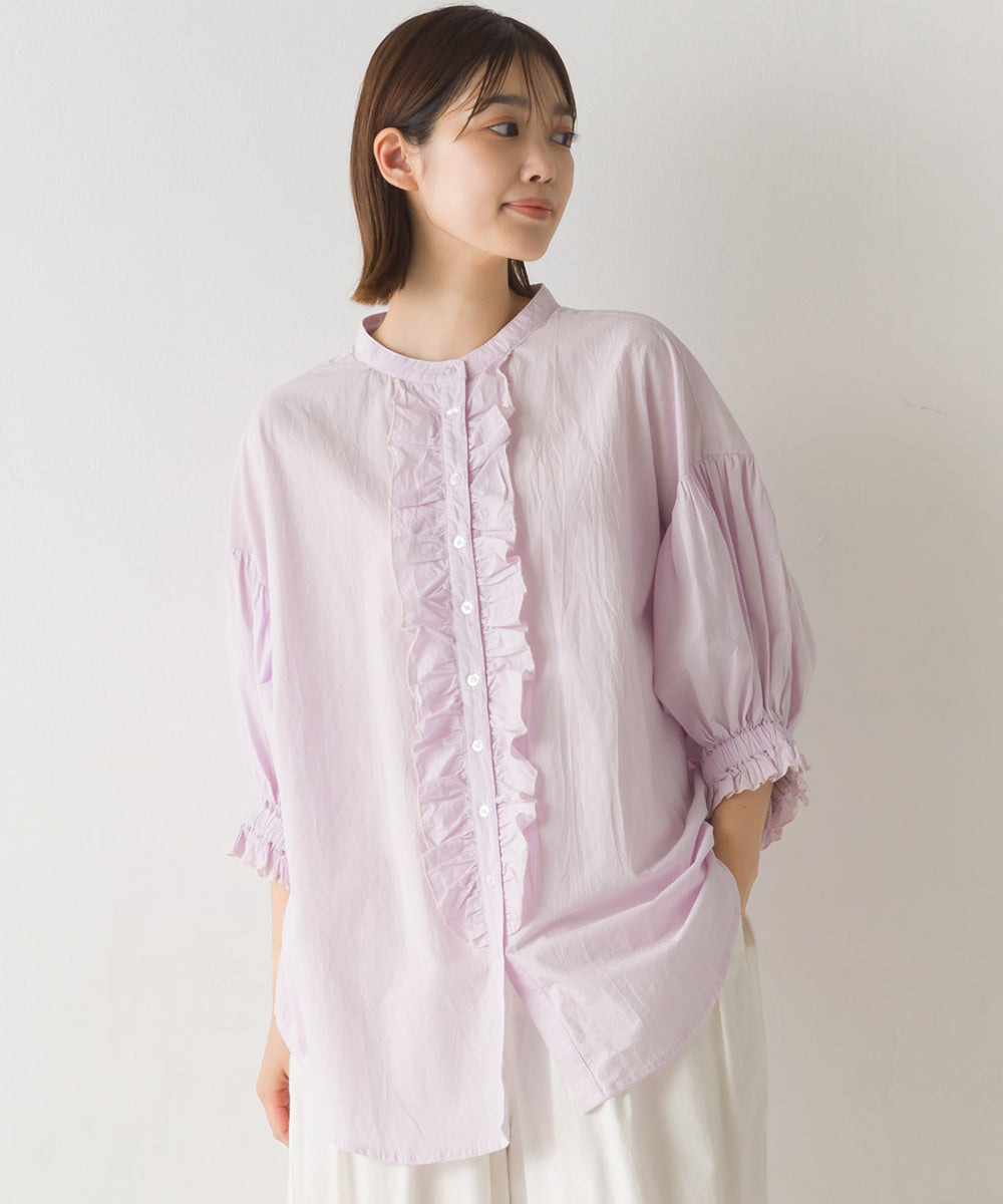【OMNES】塩縮加工 タイプライター フロントフリルノーカラーシャツ【1523-4157】