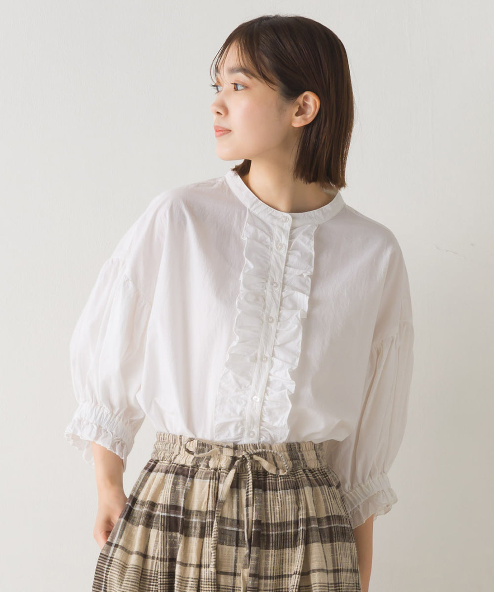 【OMNES】塩縮加工 タイプライター フロントフリルノーカラーシャツ【1523-4157】