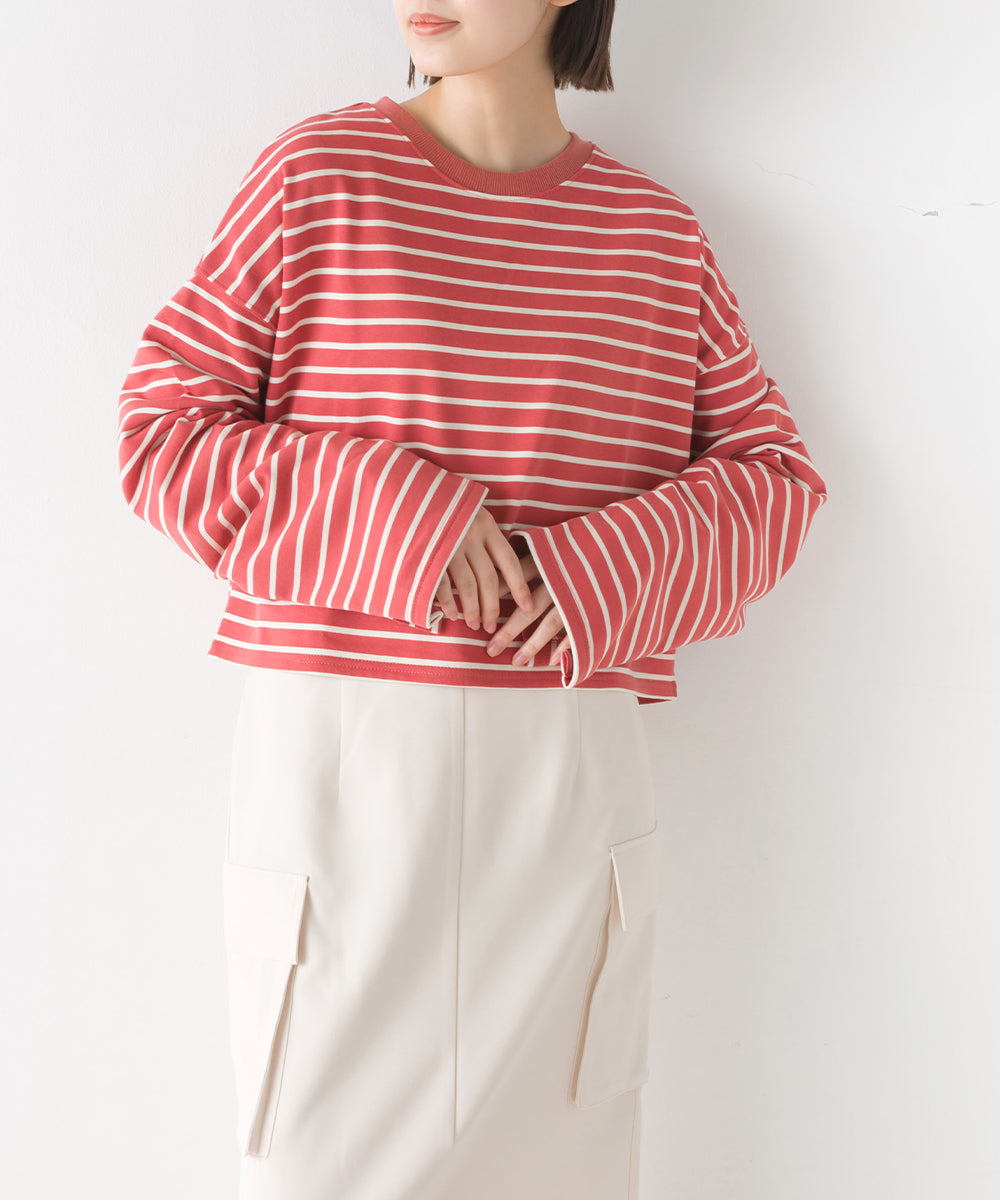 【OMNES】ミニ裏毛ボーダーオープンスリーブプルオーバーTシャツ【1523-5342】
