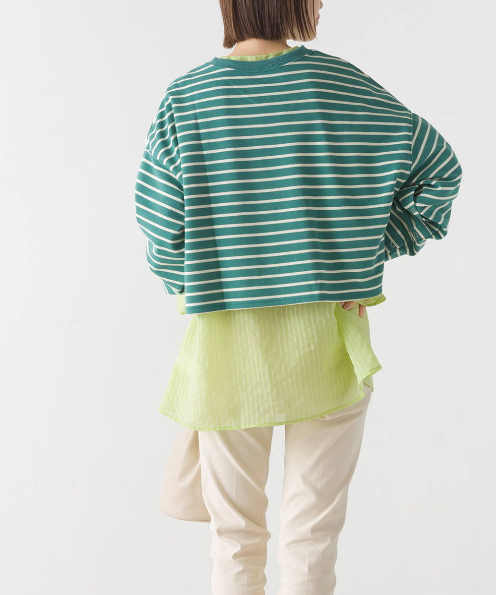 【OMNES】ミニ裏毛ボーダーオープンスリーブプルオーバーTシャツ【1523-5342】