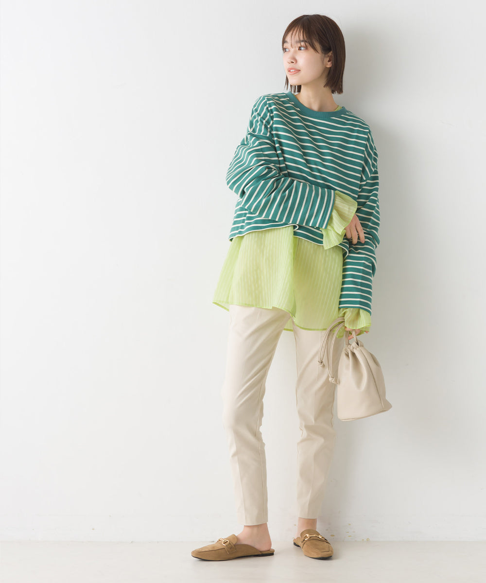 【OMNES】ミニ裏毛ボーダーオープンスリーブプルオーバーTシャツ【1523-5342】