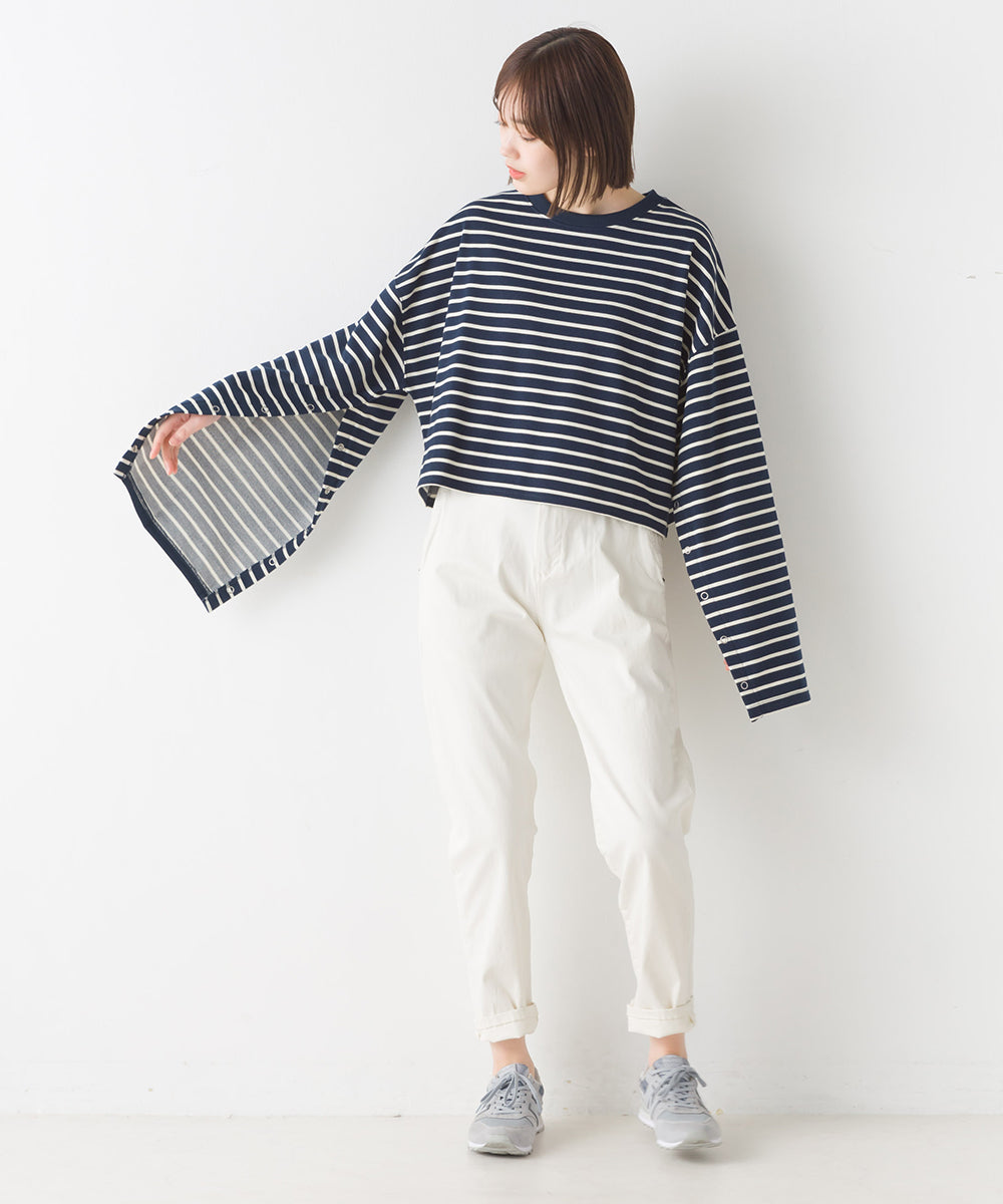 【OMNES】ミニ裏毛ボーダーオープンスリーブプルオーバーTシャツ【1523-5342】