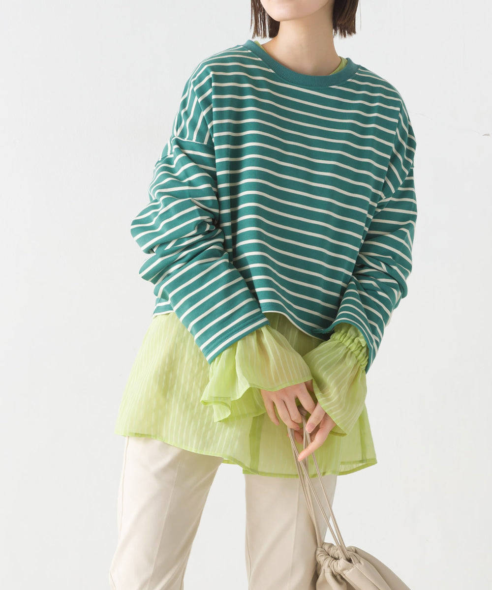【OMNES】ミニ裏毛ボーダーオープンスリーブプルオーバーTシャツ【1523-5342】