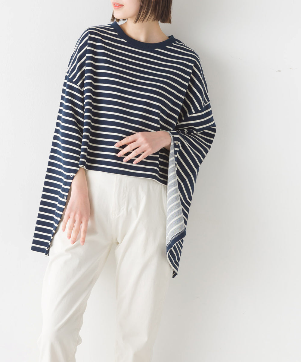 【OMNES】ミニ裏毛ボーダーオープンスリーブプルオーバーTシャツ【1523-5342】
