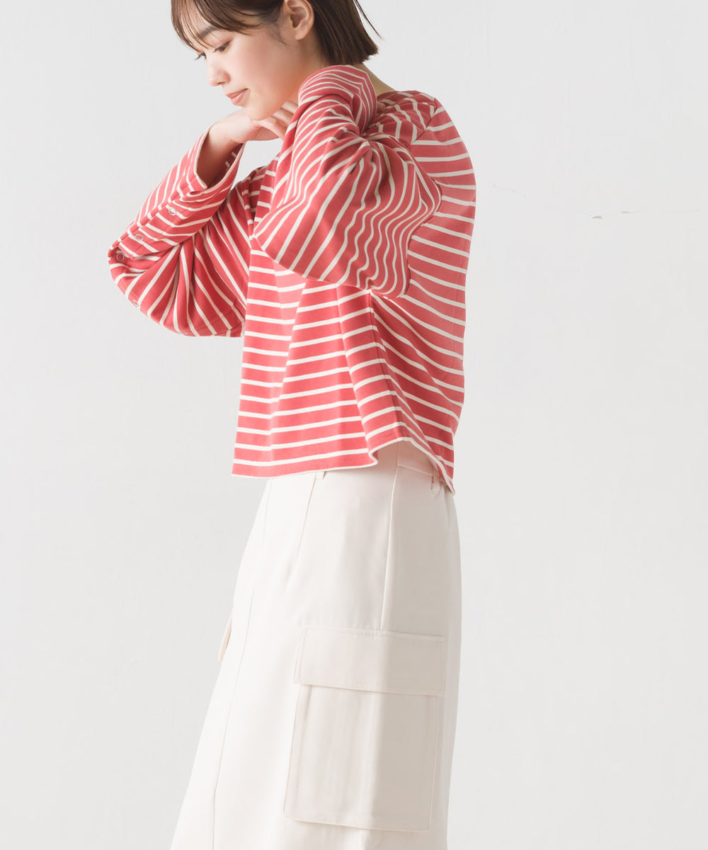 【OMNES】ミニ裏毛ボーダーオープンスリーブプルオーバーTシャツ【1523-5342】