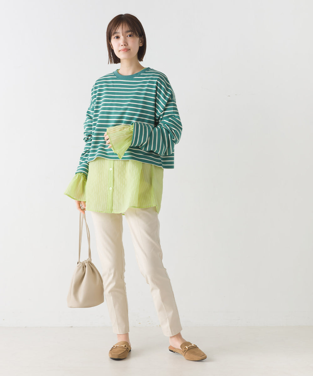 【OMNES】ミニ裏毛ボーダーオープンスリーブプルオーバーTシャツ【1523-5342】